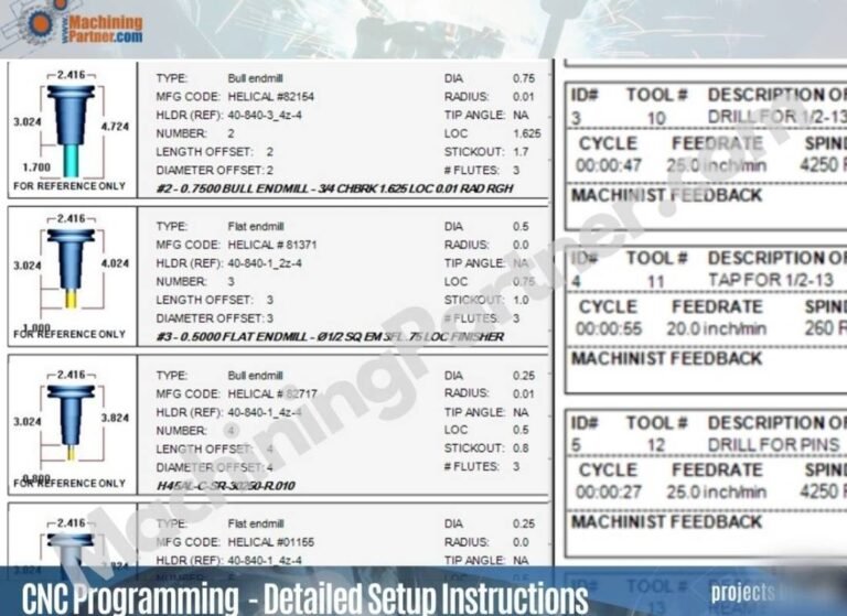 Detailed CNC programming setup sheets and tooling lists