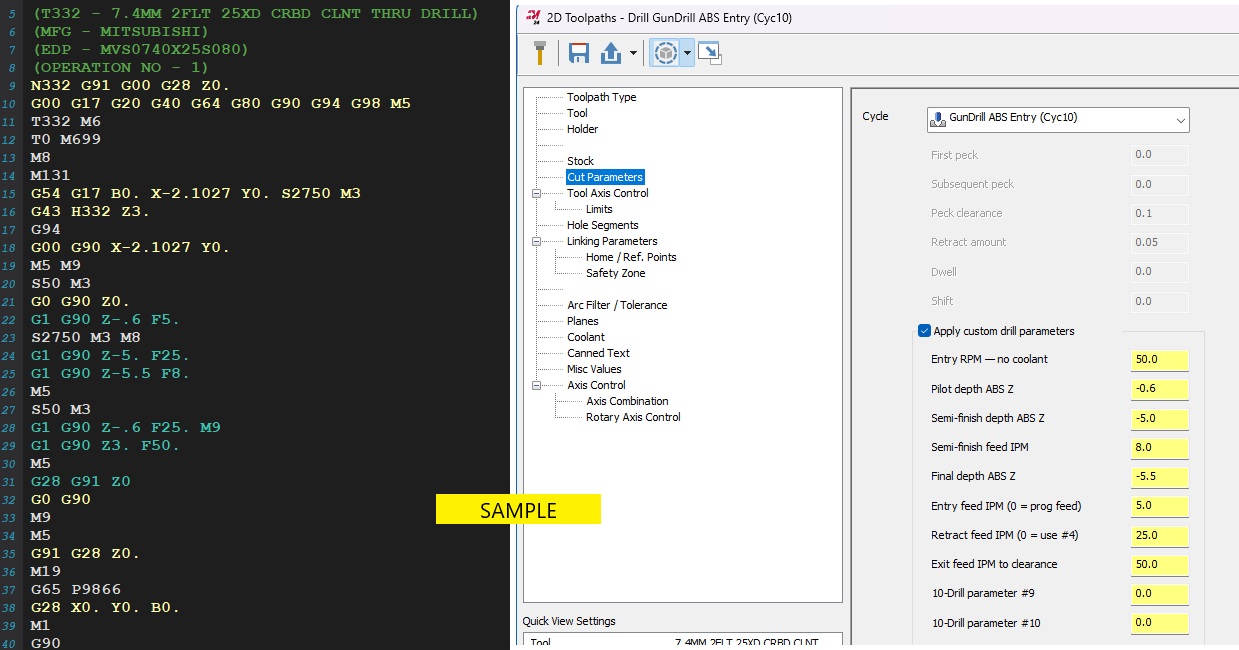 Mastercam custom drill cycle parameters dialog showing GunDrill ABS Entry cycle