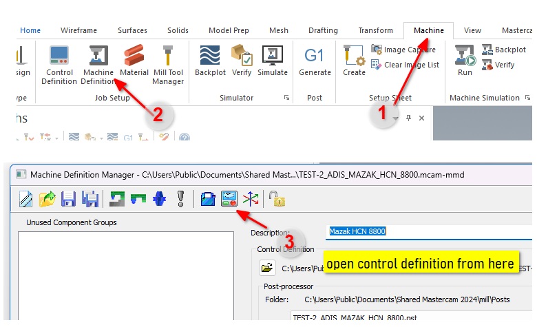 Mastercam Control Definition - Text - Mill Custom Drill Parameters showing drill cycle 10 column with custom labels