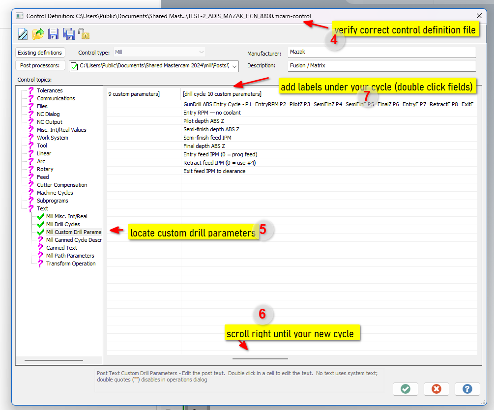 Mastercam drilling dialog showing GunDrill ABS Entry Cyc10 with fully labeled custom parameters - Entry RPM no coolant, Pilot depth ABS Z, Semi-finish depth, Final depth ABS Z